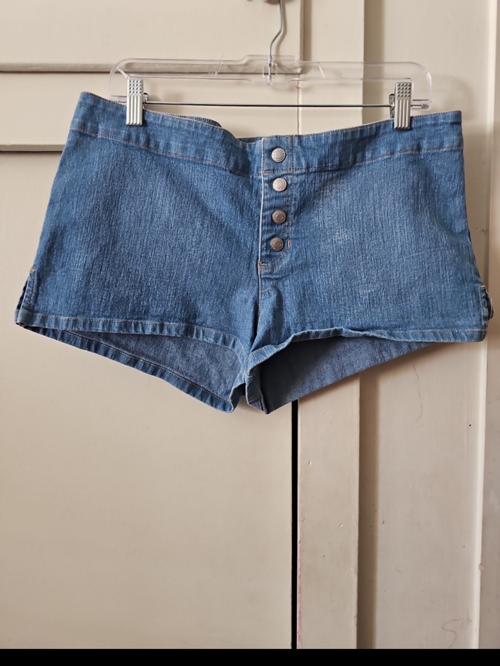 High-Rise Button-Front Denim Shorts in Blue